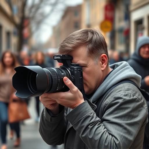 En fotojournalist tar bilder med et profesjonelt kamera.